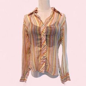 Vintage JCPenney Pastel Striped Mesh Blouse Retro 70s Y2K Orange Multi 12